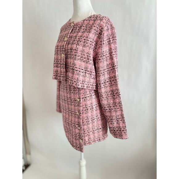 TWEED MINI SKIRT AND JACKET BLAZER SET WOMENS PINK BLACK GOLD BUTTON 2 PIECE SET - Picture 3 of 15